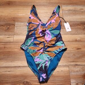 Shade & Shore One-Piece Swimsuit Womens XS Floral Plunge NEW
